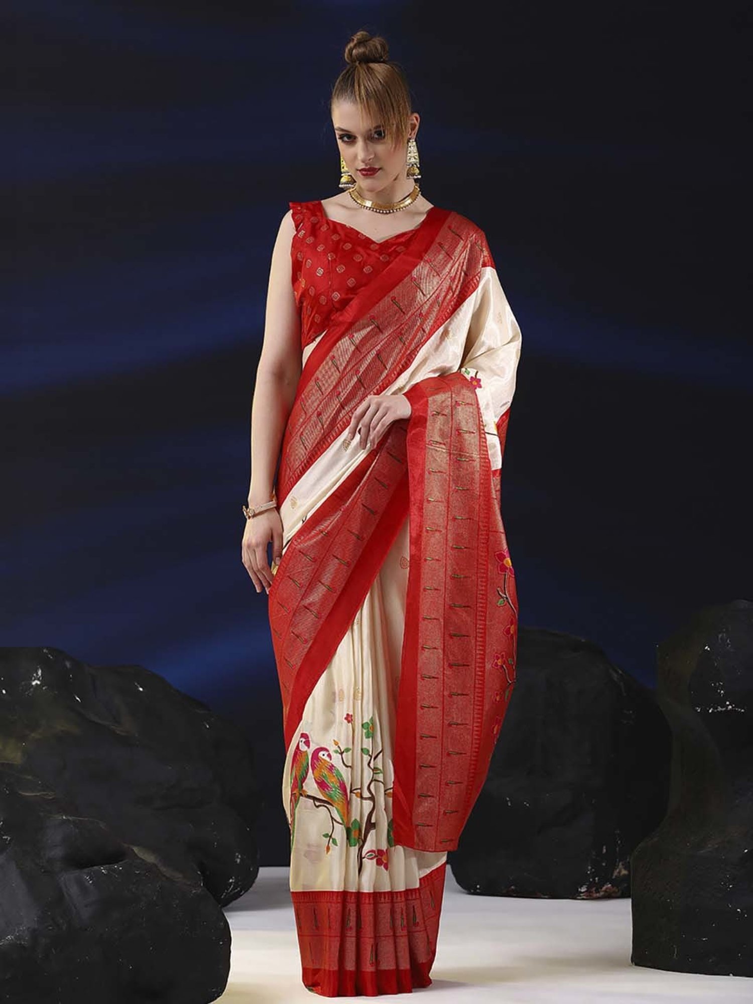 Saree Mall Beige & Red Silk Printed Saree With Unstitched Blouse