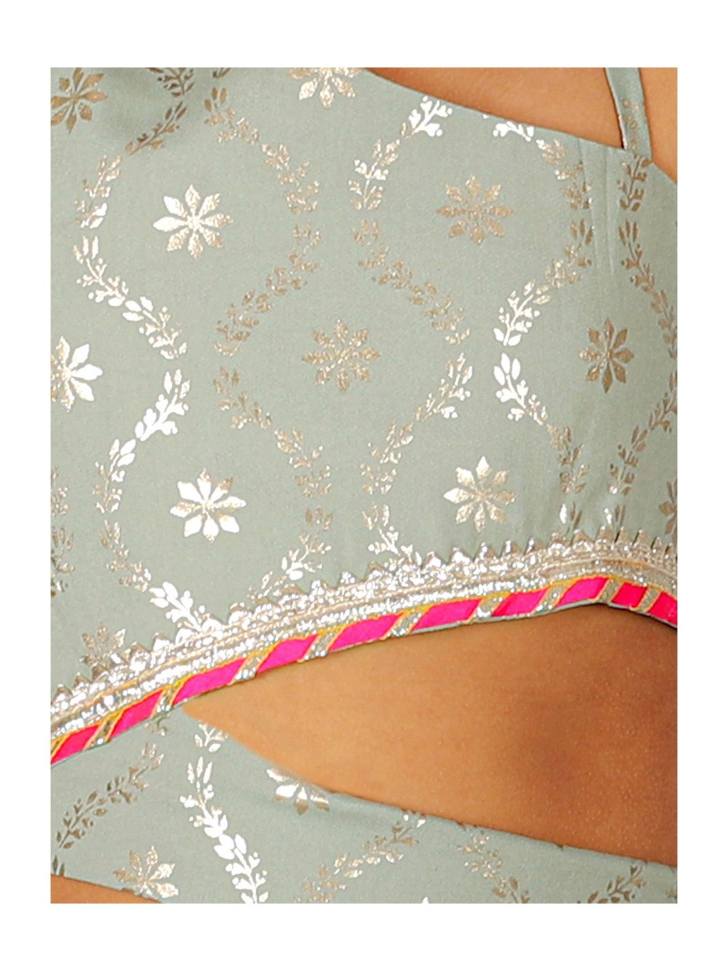 Lil Drama Kids Sage Green Floral Print Full Sleeves Crop Top with Plazzos