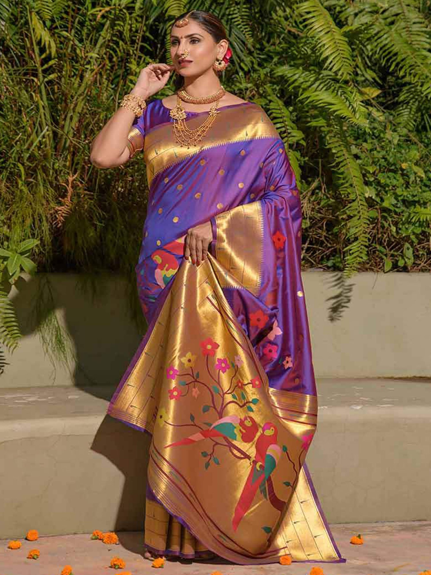 SHUBHKALA Purple Silk Woven Saree With Unstitched Blouse