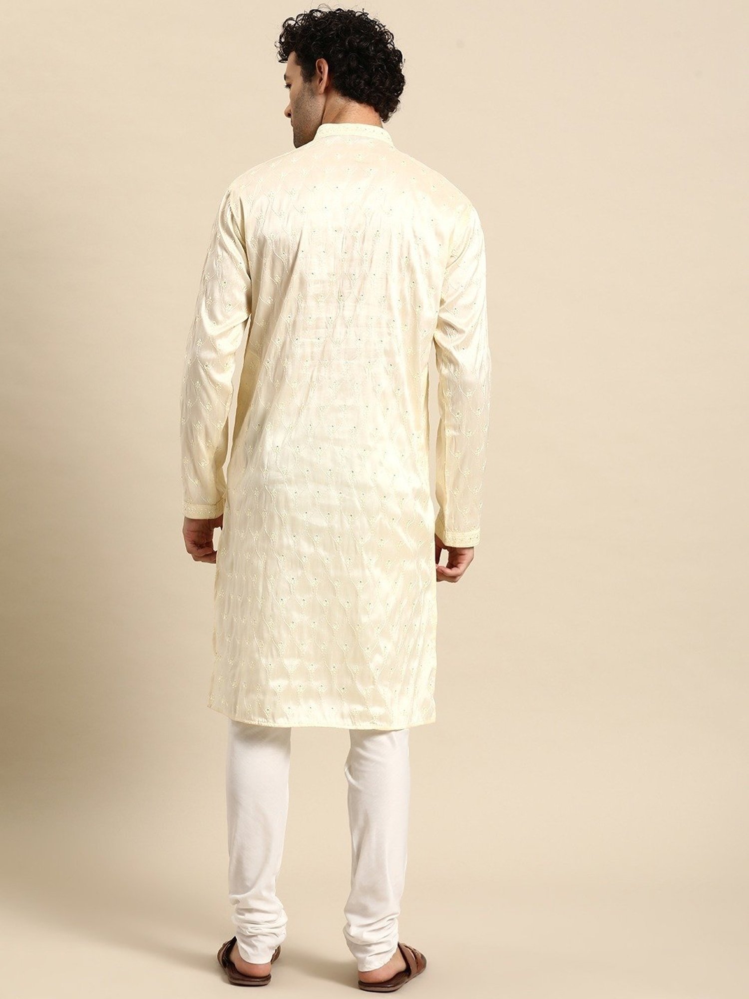 ManQ Cream Regular Fit Embroidered Kurta