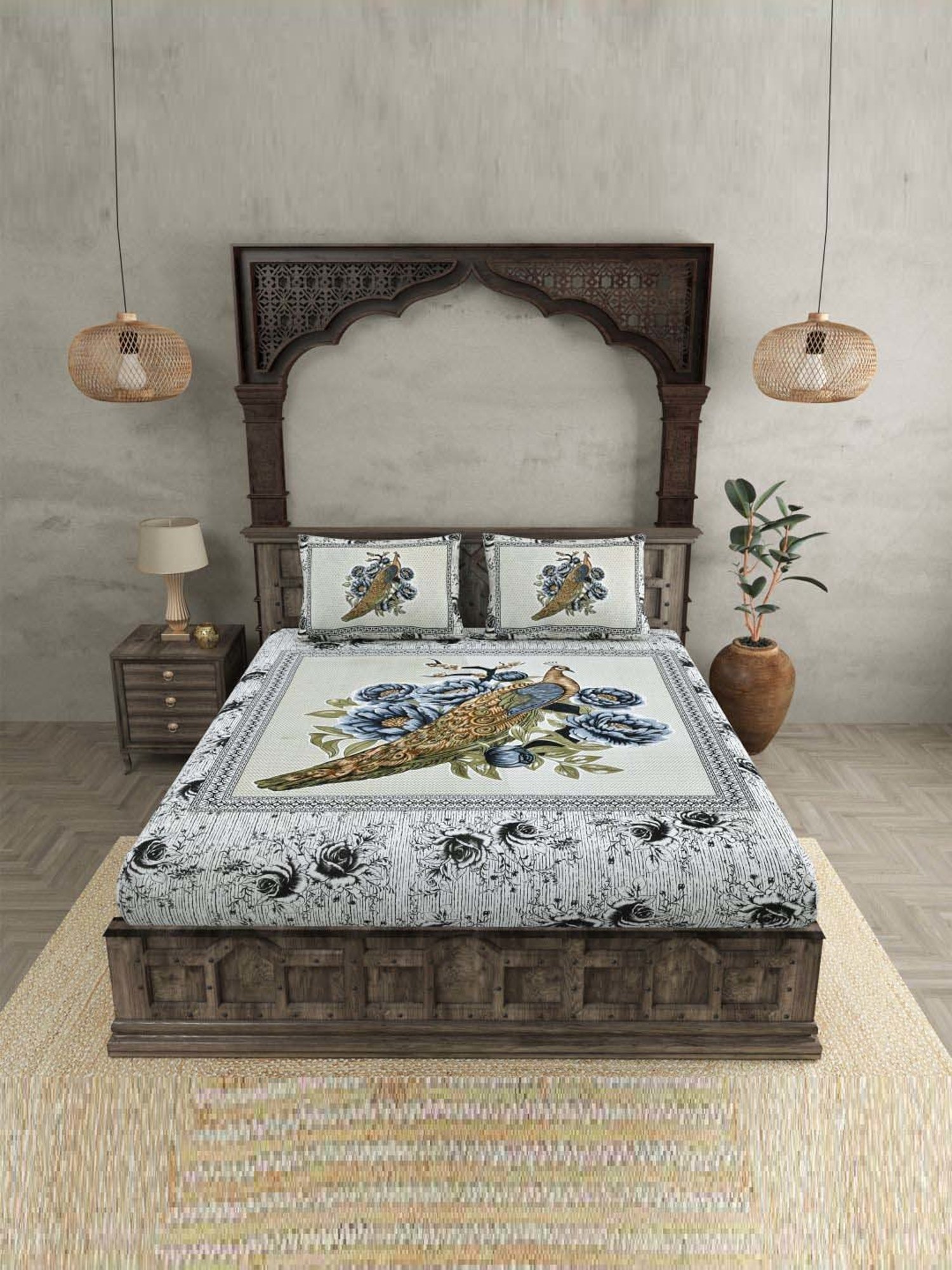 JaipurFabric Indigo 180 TC 100% Cotton Peacock Double Bedsheet with 2 Pillow Covers