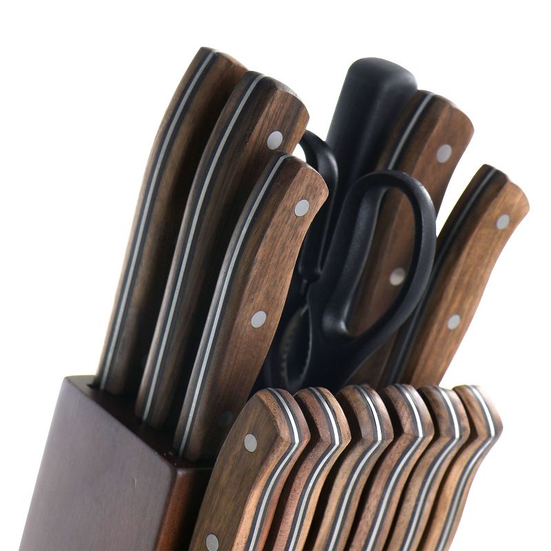 Oster Hensley 14 Piece Stainless Steel Cutlery Set in Black Walnut with Storage Block