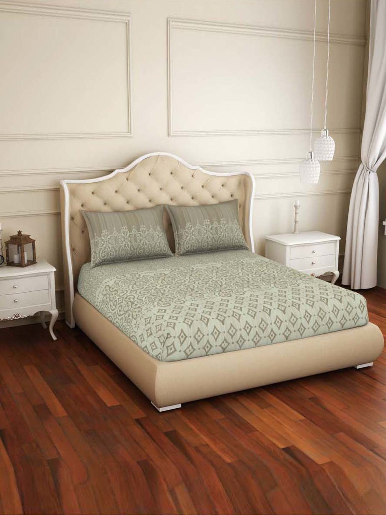 Welspun Printed Light Brown Cotton Double Fitted Bed Sheet with 2 Pillow Covers