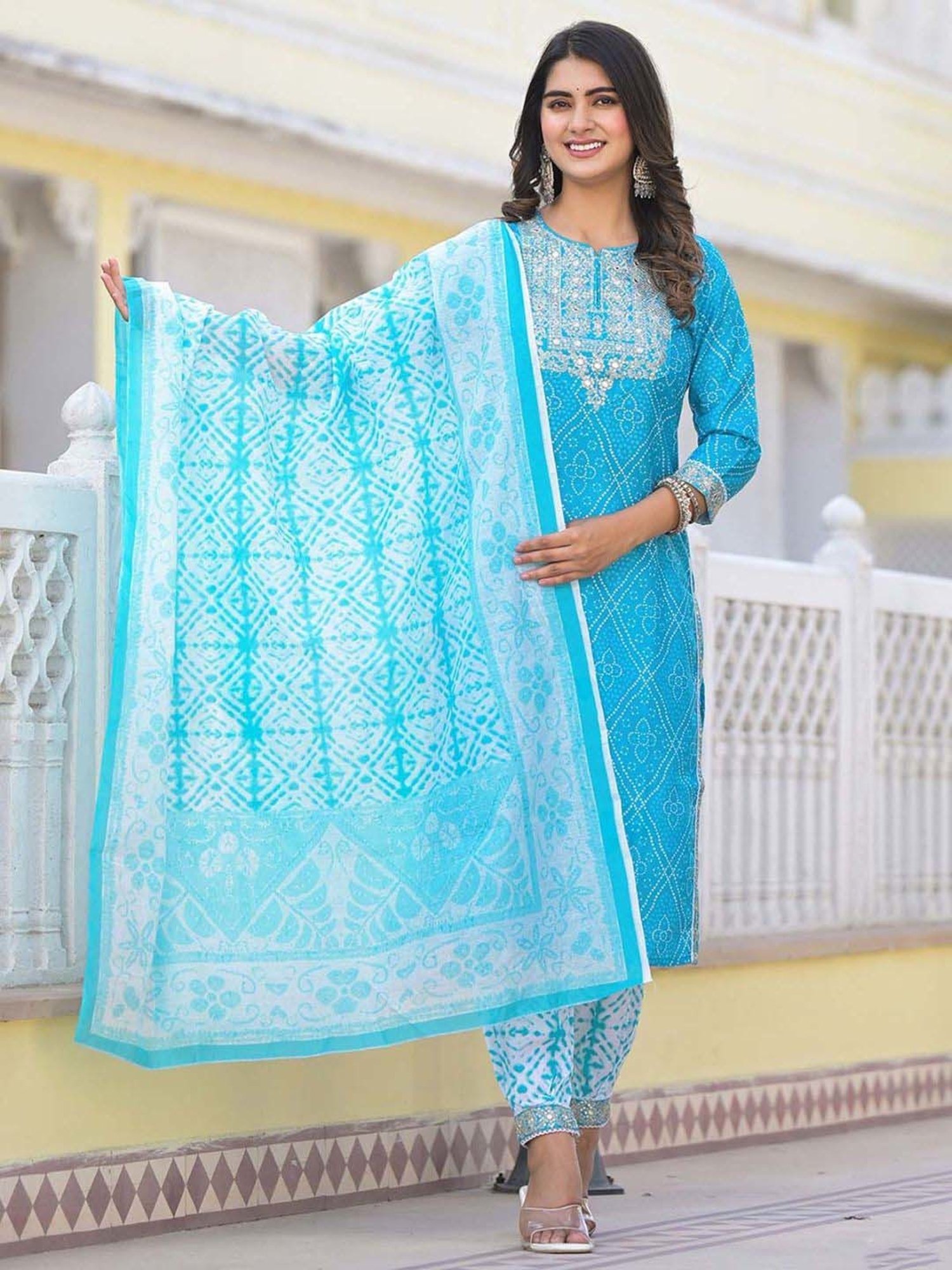 Odette Blue Embroidered Kurta & Salwar Set with Dupatta