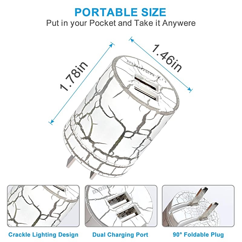 USB Wall Charger, Wall Fast Charger with Foldable Travel Plug for iPhone 11/Xs/XS MAX/XR/X/8/7, Samsung, LG, HTC, Kindle, PS4, 2 USB Wall Charger 5V/2.1A Wall Charger Block with Blue Night Light