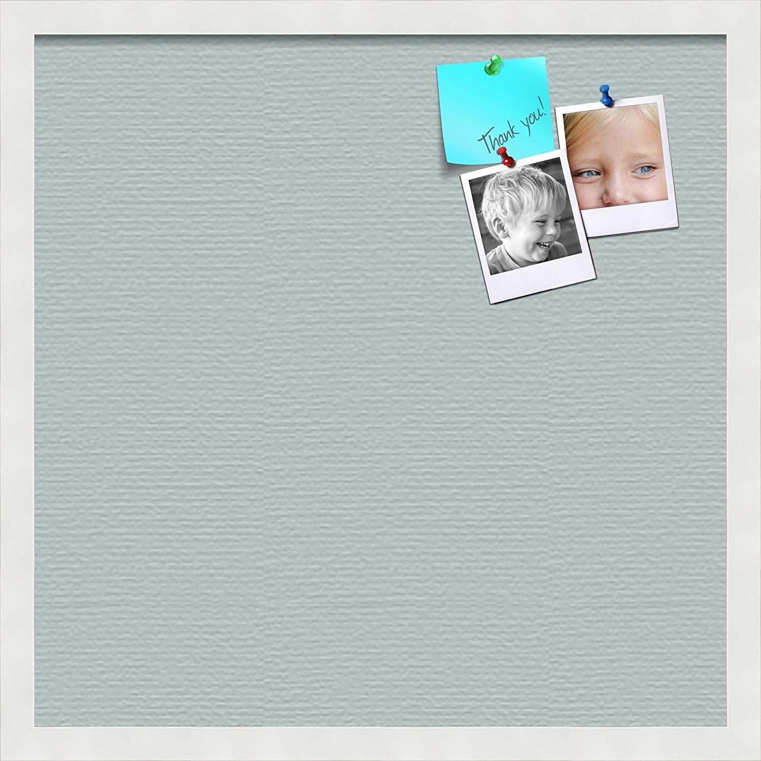 PinPix custom printed pin cork bulletin board made from canvas, Soft Blue 20x20 Inches (Completed Size) and framed in Satin White Frame (PinPix-Group-89)