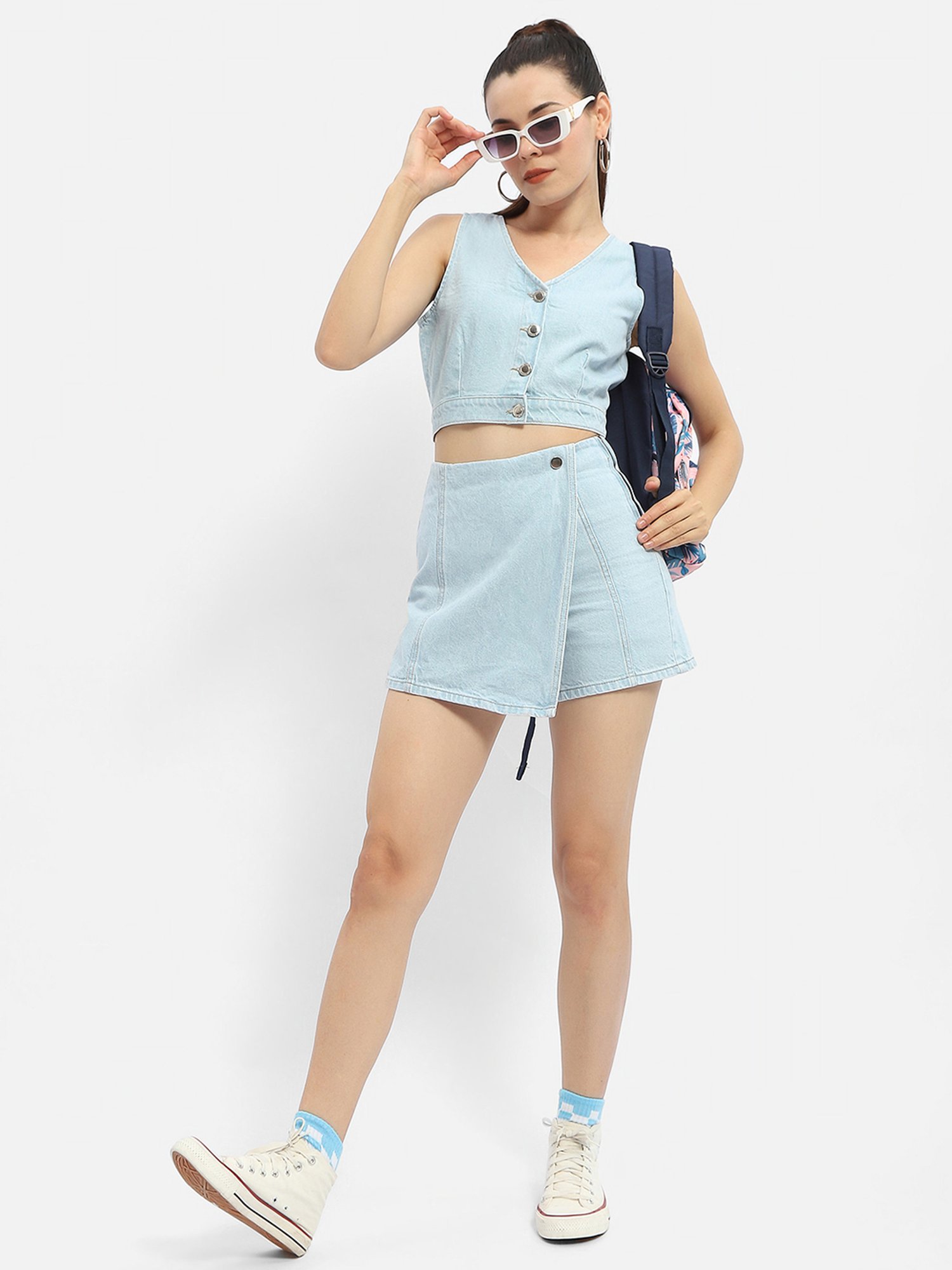 MADAME Light Blue Cotton Regular Fit Crop Top