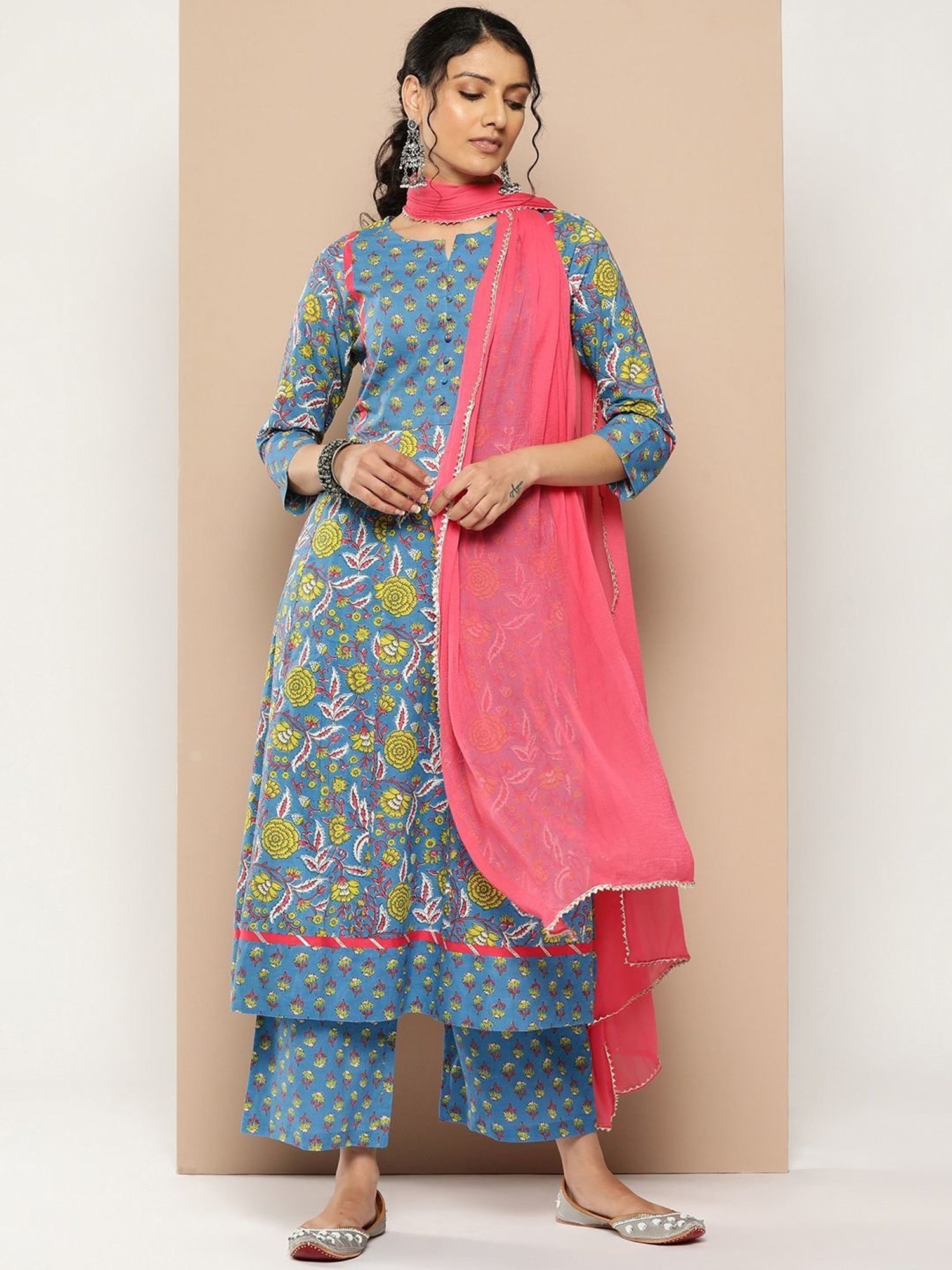 KSUT Blue Cotton Printed Kurta Palazzo Set With Dupatta