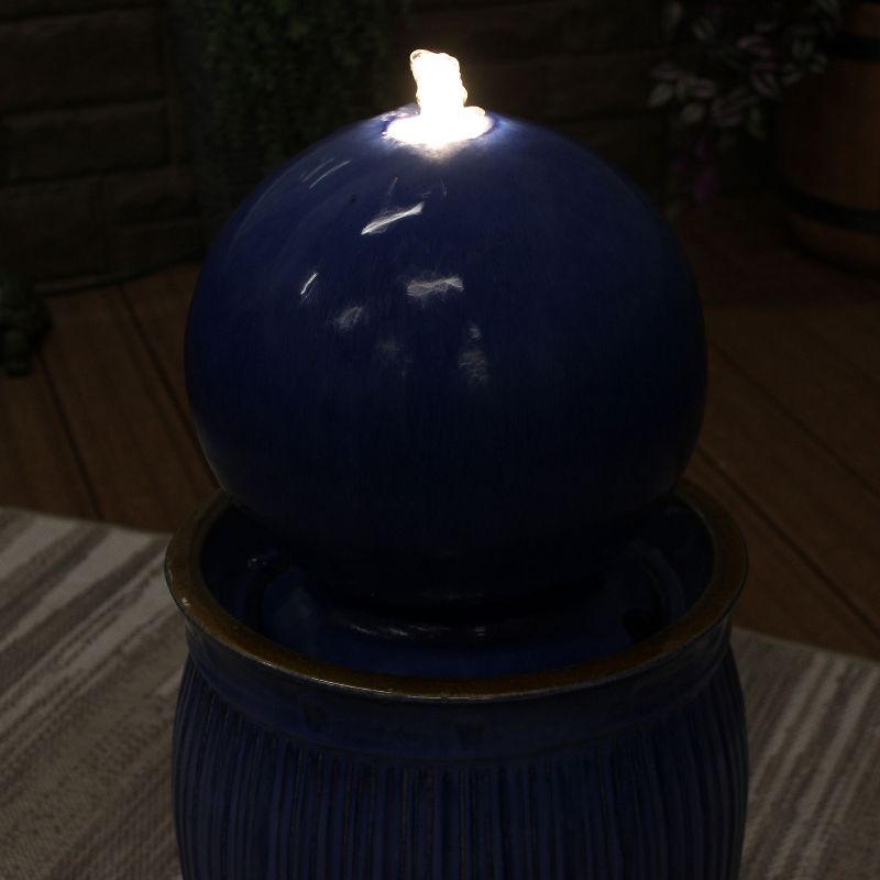 Sunnydaze 29"H Electric Glazed Blue Ceramic Orb on Pedestal Outdoor Water Fountain with LED Light