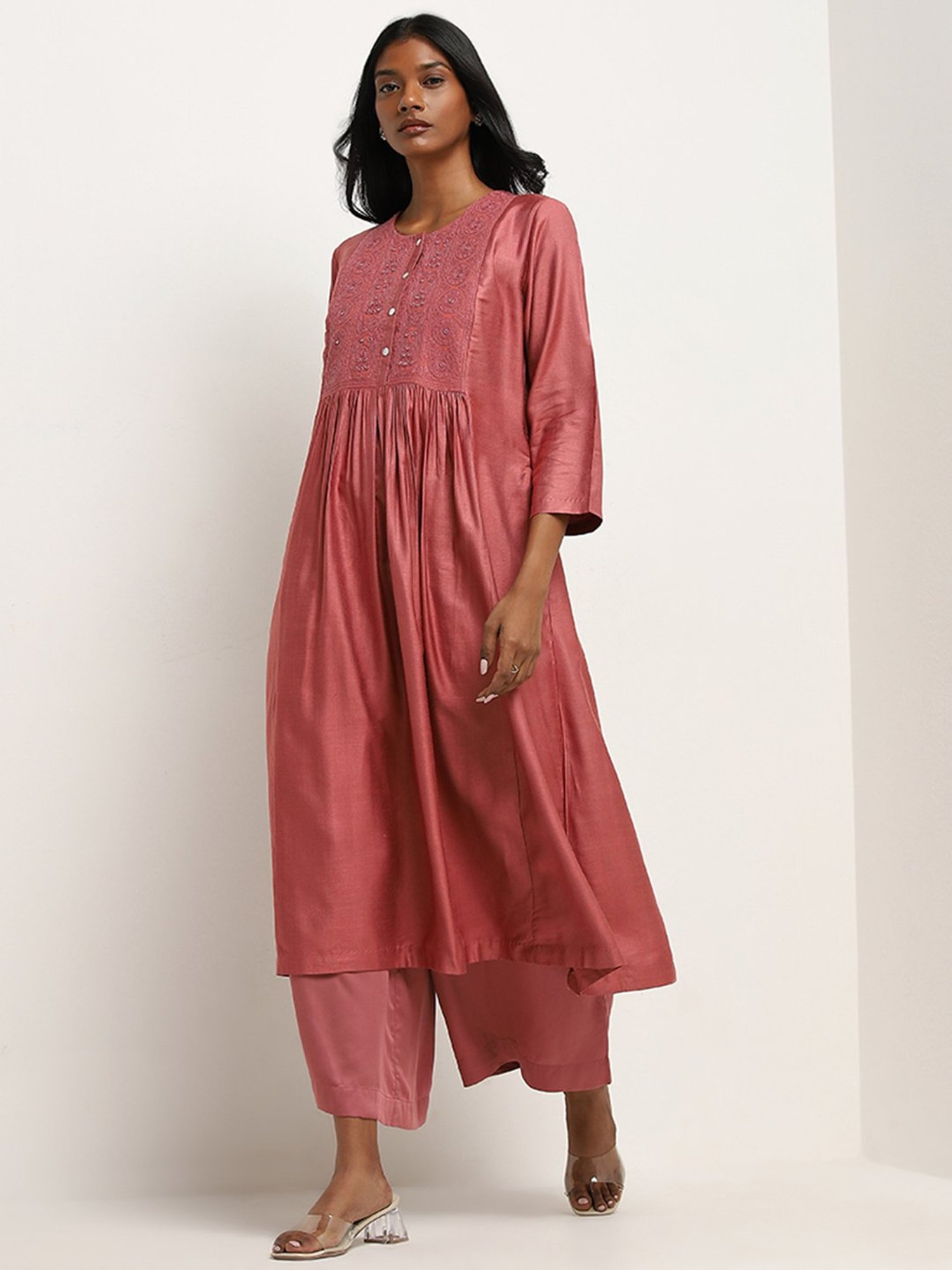 Zuba by Westside Dusty Pink Embroidered A-Line Kurta