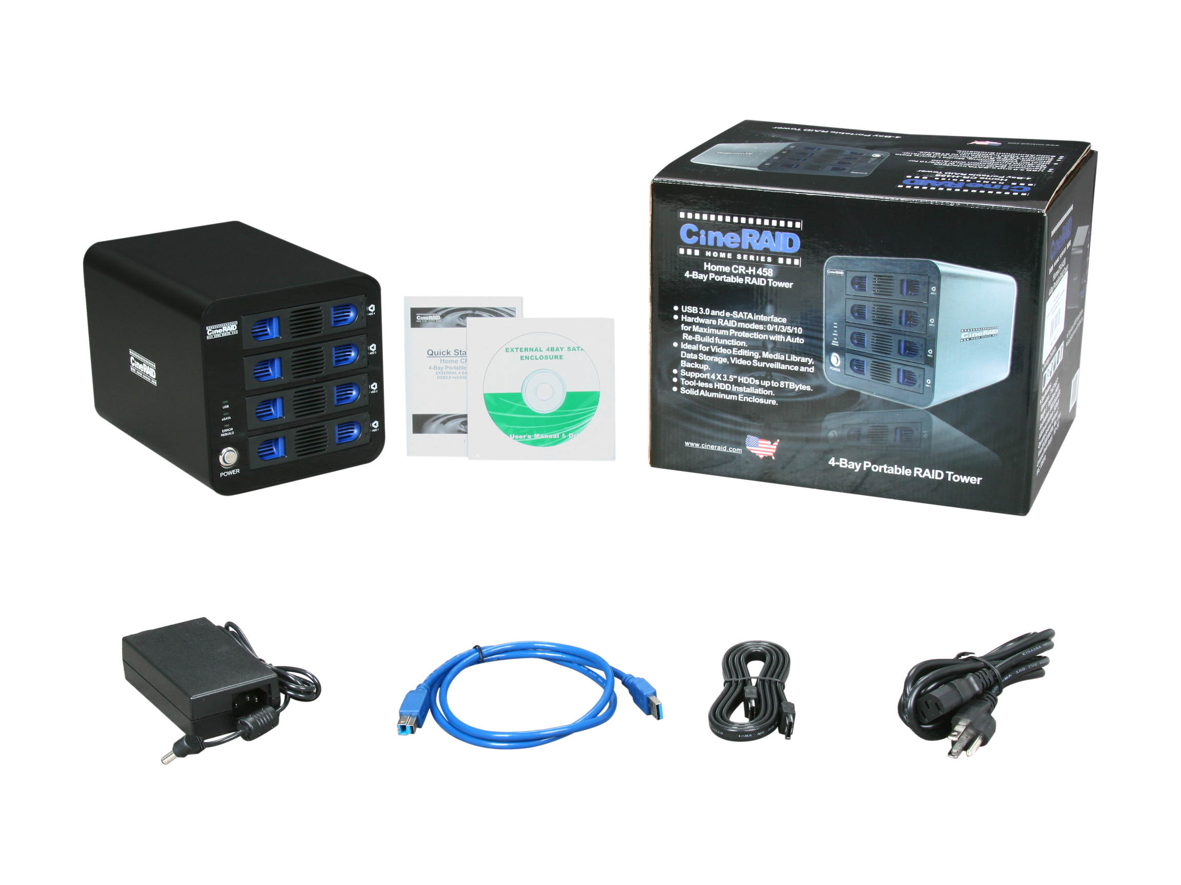 CineRAID Home CR-H458 4 Bay RAID Enclosure, Support 4 Hot Swappable Drives USB 3.0 & eSATA Interface