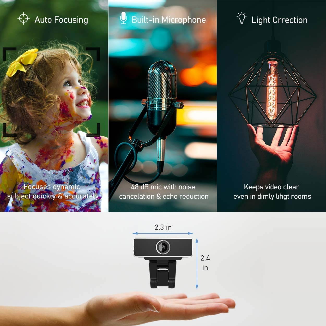 1080P Full HD Webcam with Privacy Cover | Built-in Microphone | USB Plug, Driver Free | Auto Focus & Light Correction | for PC/Mac/Laptop/MacBook/Xbox