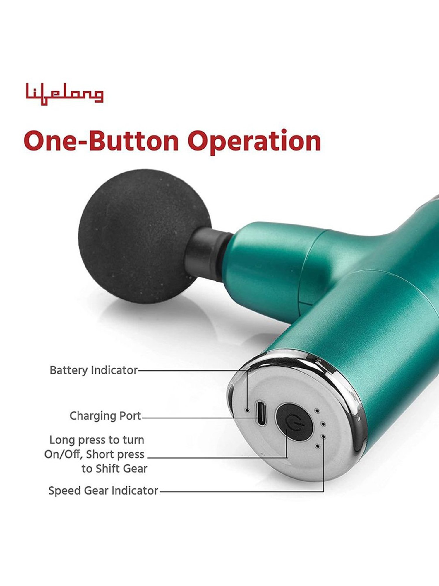 Lifelong LLGM36 Mini Gun Massager with 4 Heads (Green)