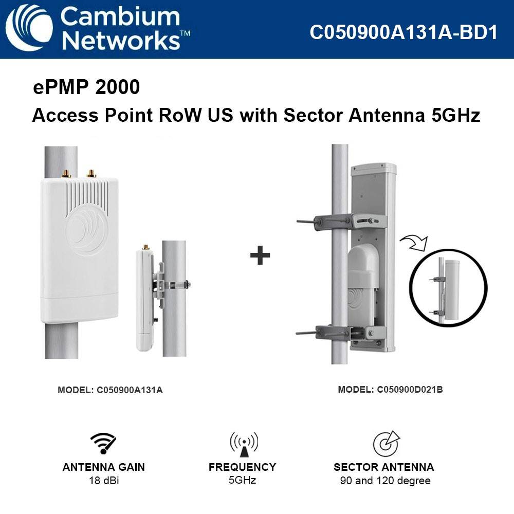 Cambium ePMP 2000 Connectorized Access Point RoW US Power Cord with ePMP 2000 Sector Antenna 5GHz 90/120 Degree and Mounting Kit