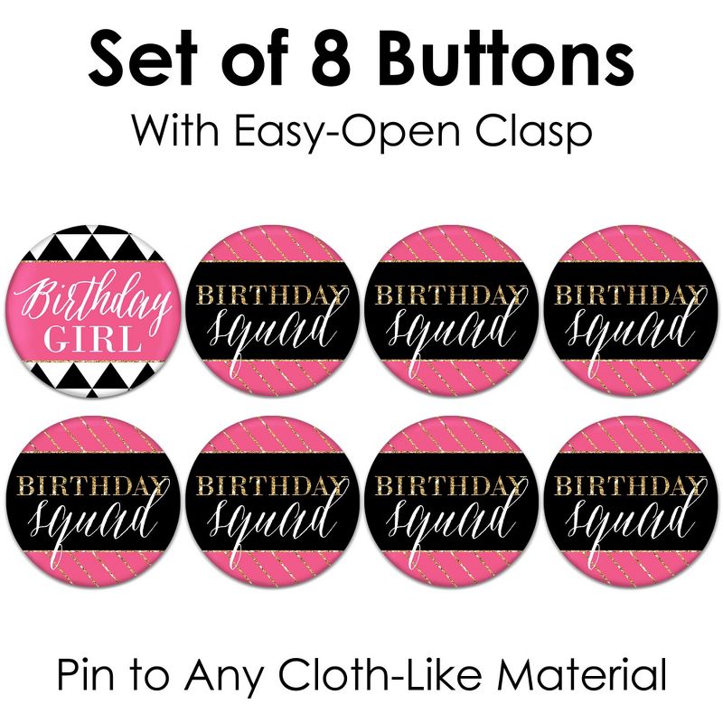 Big Dot of Happiness Chic Happy Birthday - Pink, Black and Gold - 3 inch Birthday Party Badge - Pinback Buttons - Set of 8