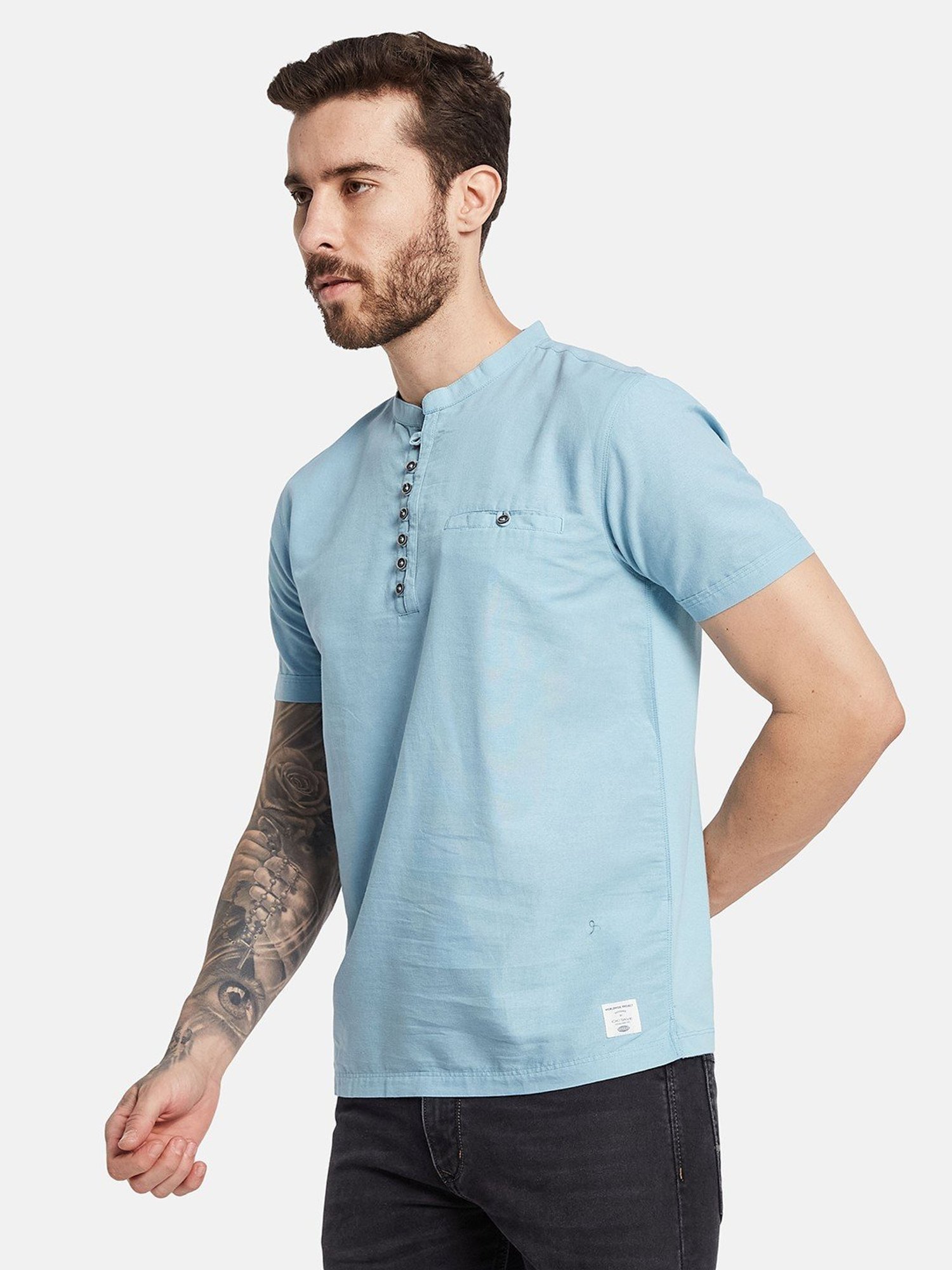 Octave Teal Blue Cotton Regular Fit T-Shirt