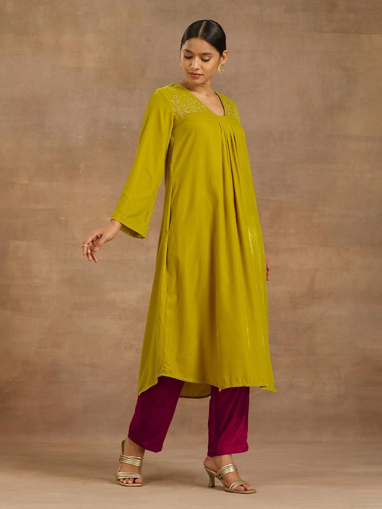 true Browns Lime Green Velvet Embroidered A Line Kurta