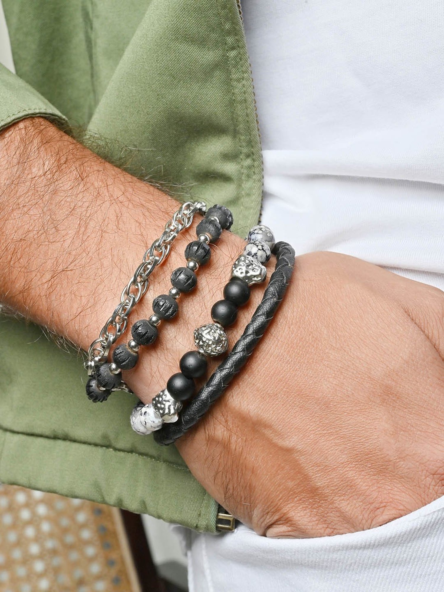 The Bro Code Silver Set of 4 Black Bold Skull Bracelet for Men