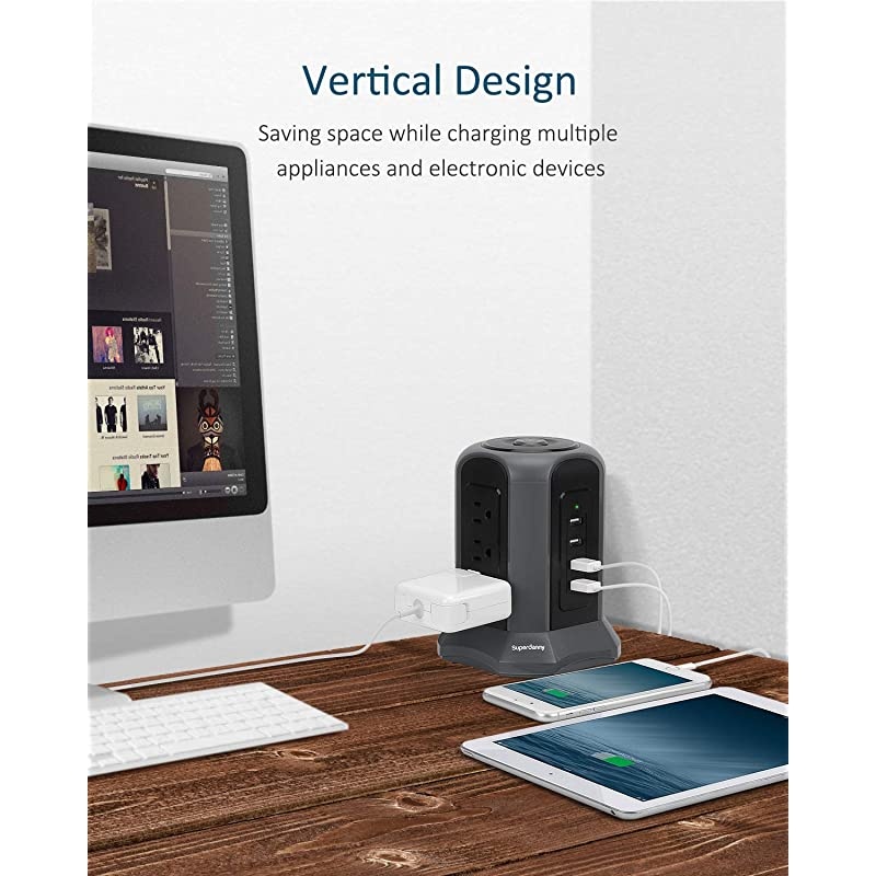 Surge Protector Power Strip Tower 10ft Extension Cord 4 USB Port 9 Outlet Desktop Charging Station 1080J Adjustable Voltage 110240V Multiple Plug Fire Proof or PC Laptop Phone Office