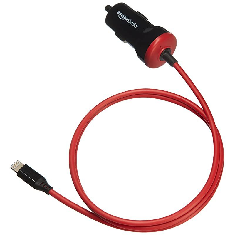 Straight Cable Lightning Car Charger 5V 12W 3 Foot Black and Red