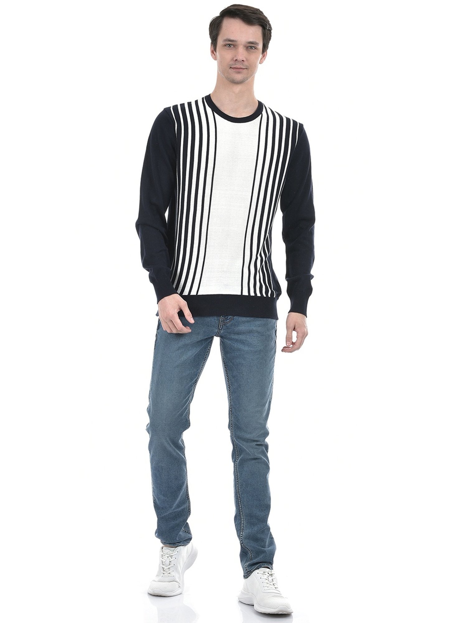 Numero Uno Navy Cotton Regular Fit Striped Sweater