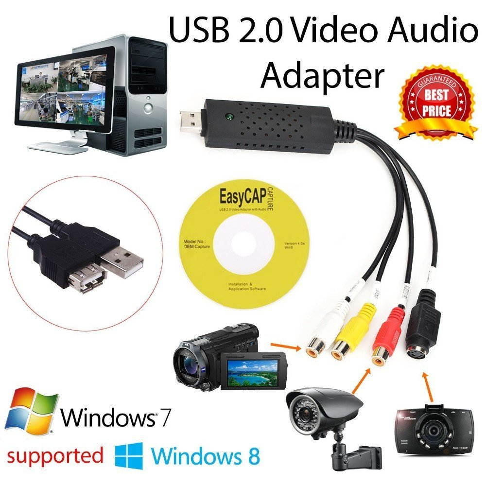 EasyCap Video DVR USB 2.0 Video Adapter USB 2.0 Capture Card Video TV DVD VHS Audio Capture Card 3 in 1 VHS to DVD Adapter Converter PC PS3 XBOX for win 7 8 32 64