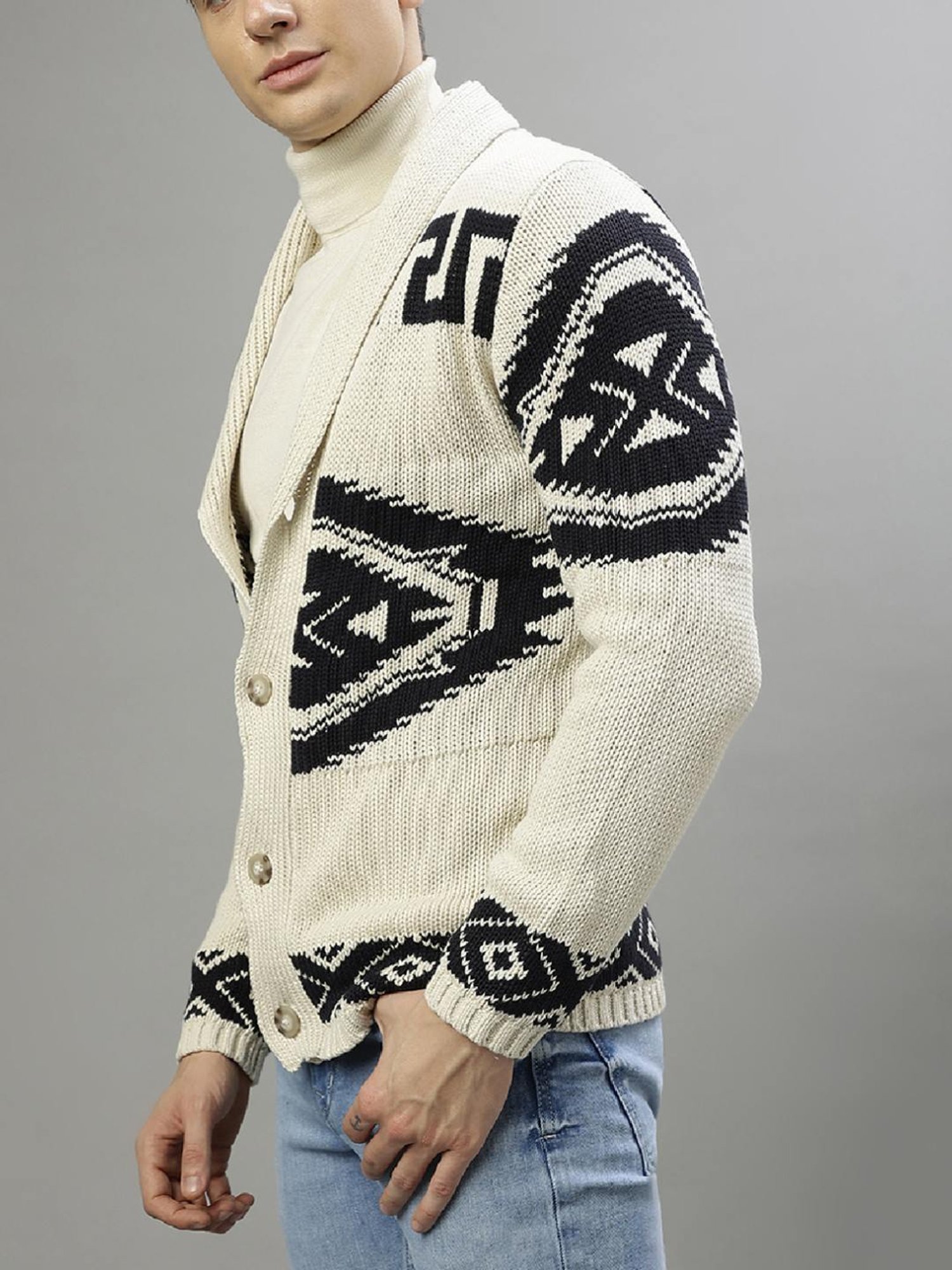 Lindbergh Beige Cotton Regular Fit Self Pattern Sweaters