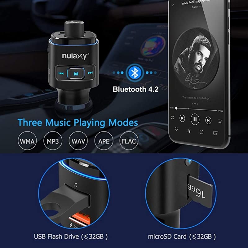 Bluetooth FM Transmitter for Car, 7 Color LED Backlit Bluetooth Car Adapter with QC3.0 Charging, Support Siri Google Assistant, USB Flash Drive, microSD Card, Handsfree Car Kit (B- Black)