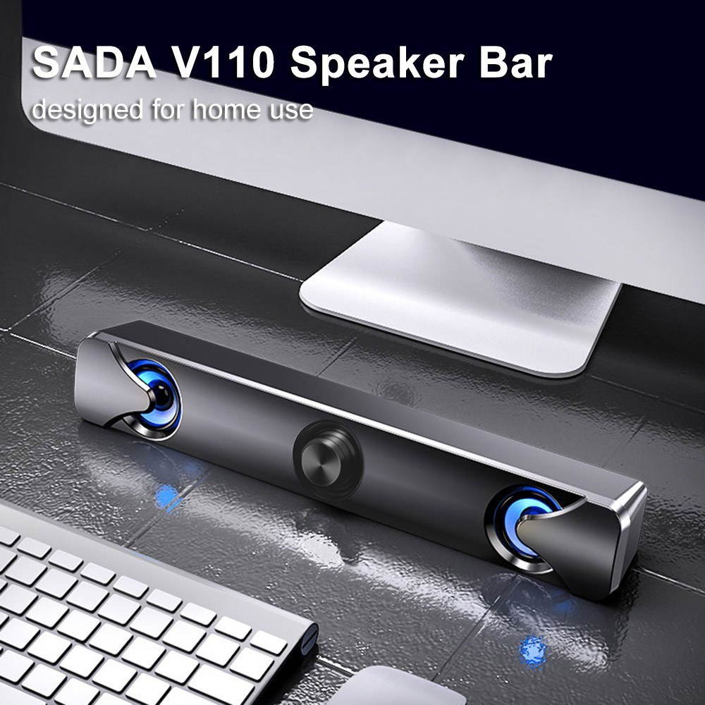 SADA V110 Speaker Bar Computer Speakers with LED Light 3.5mm Audio Cable Wired Computer Sound Bar USB Powered Mini Soundbar Speaker for TV PC Cellphone Tablets Desktop Laptop