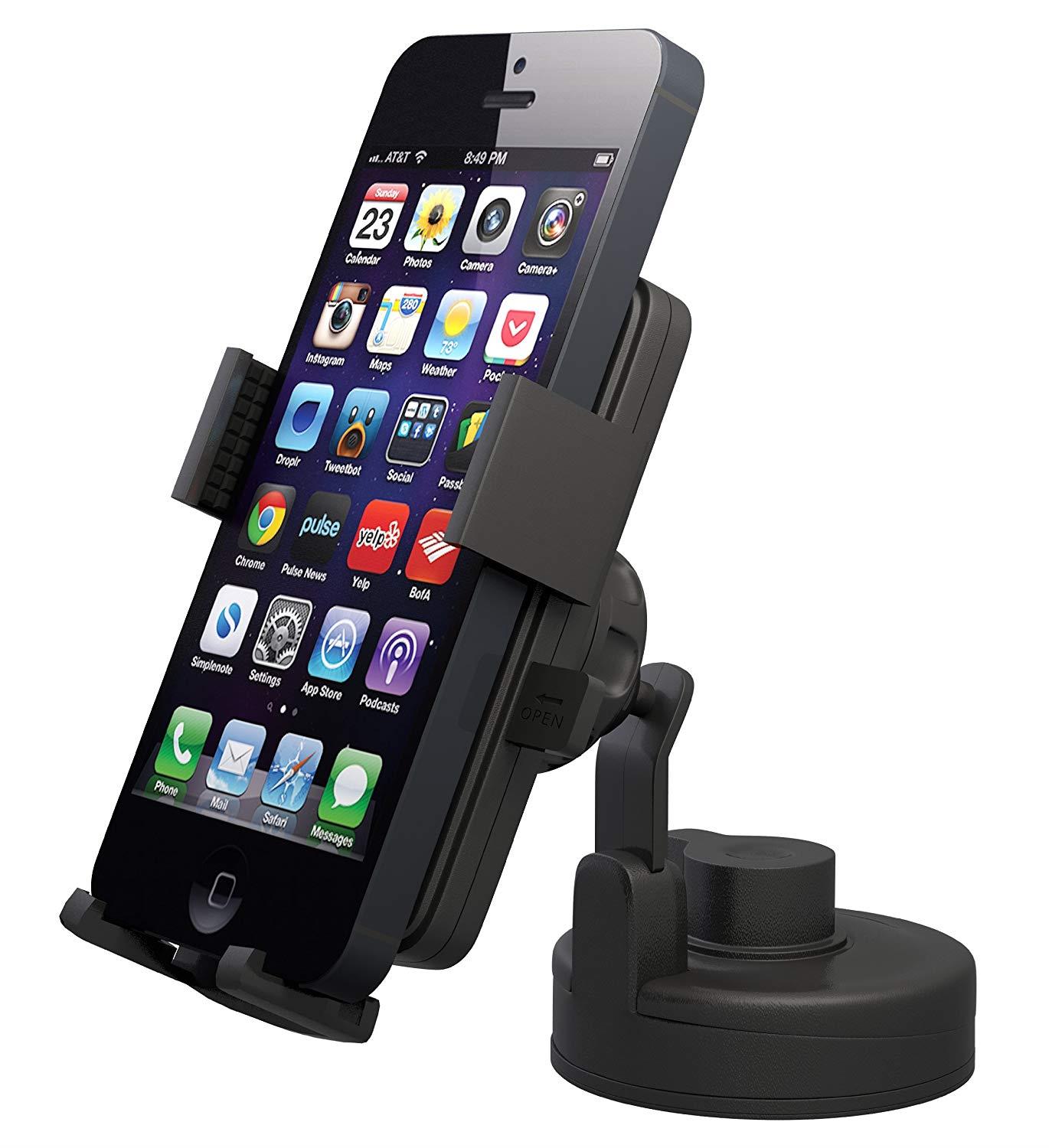 Car Phone Holder - Windshield Smartphone Mount for Cell Phone, Mobile, GPS - Universal Car Mount for iPhone 4, 5, 6, 7, X Samsung Galaxy S5 S4 S3 S2 - Auto, Black, Hands Free, Best Grip Holder for Car