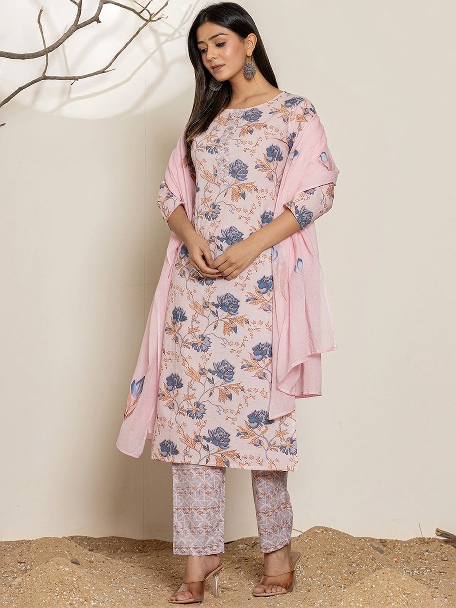 Yufta Pink Cotton Printed Kurta Pant Set With Dupatta