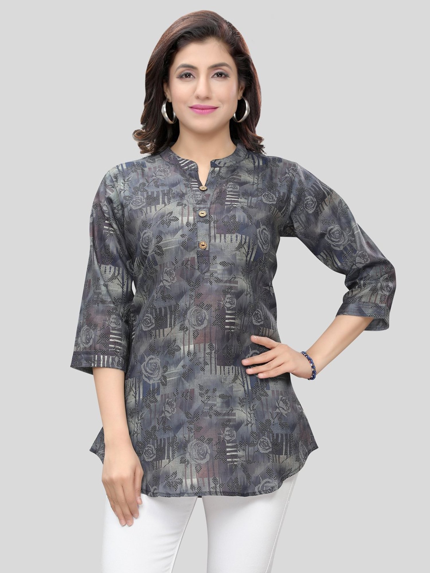 Saree Swarg Grey Printed A Line Short Kurti