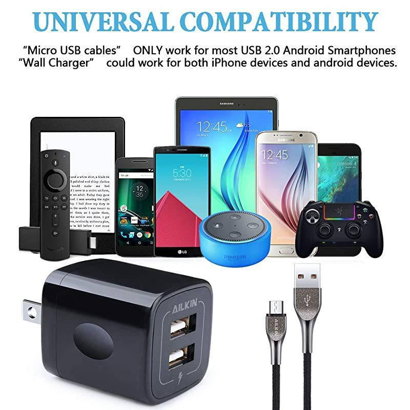 Dual USB Port Wall Phone Adapter with 6 6FT Android Micro USB Port Charger Cable Compatible for Samsung J8 J7 Pro S6 S7 Edge LG G4 Stylo 3 2 Kindle Fire Motorola Moto G5S G4 Android Cable