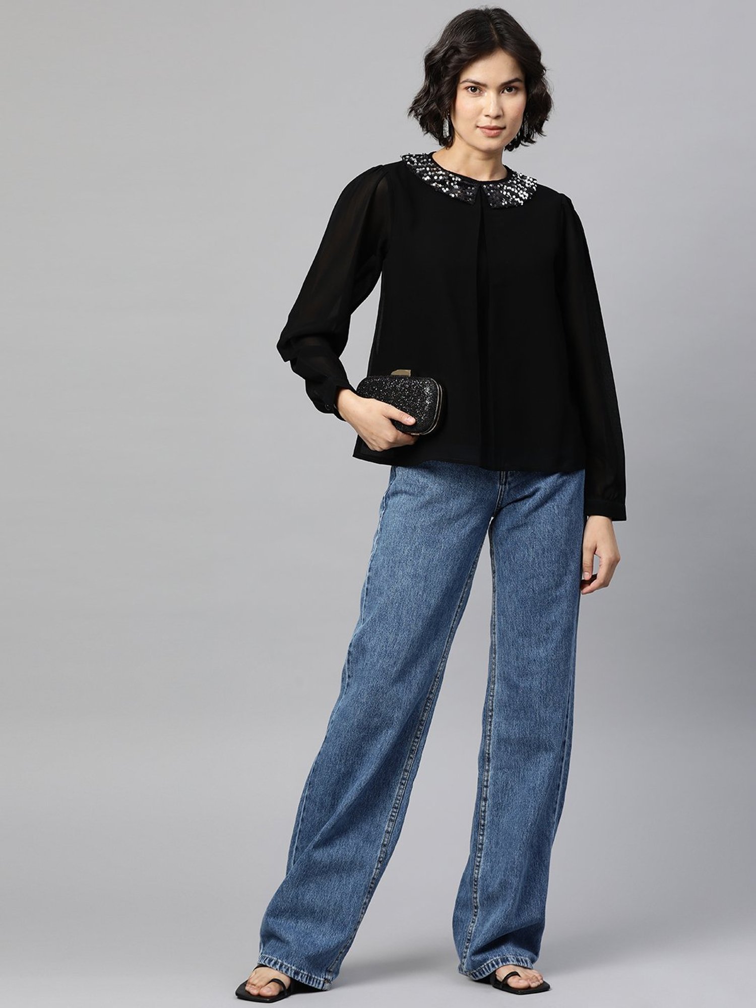 Cottinfab Black Embroidered Georgette Top