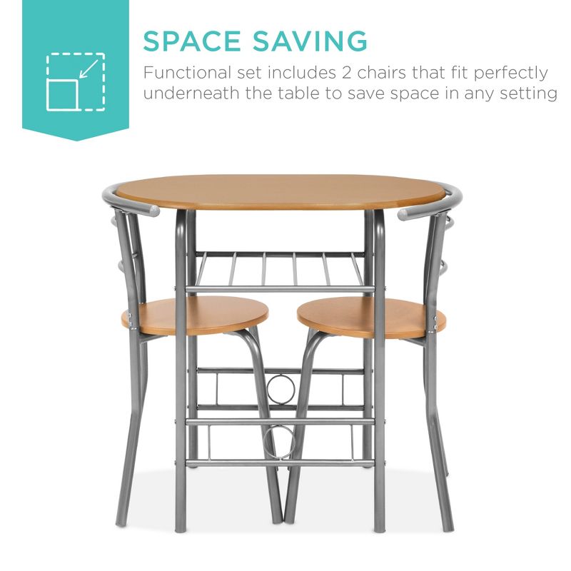 Best Choice Products 3-Piece Wood Dining Room Round Table & Chairs Set w/ Steel Frame, Built-In Wine Rack - Natural