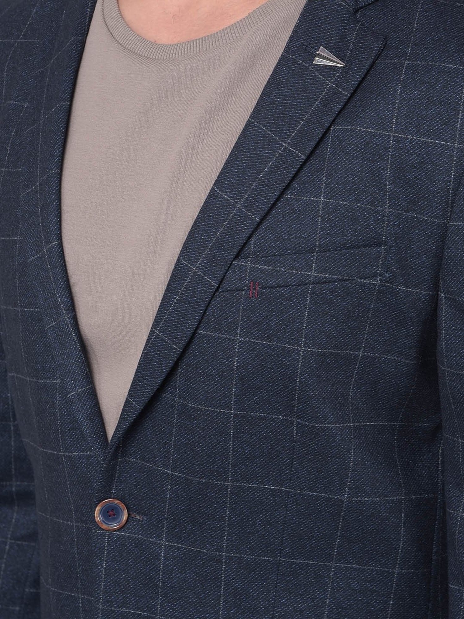 Crimsoune Club Navy Blue Slim Fit Checks Blazer