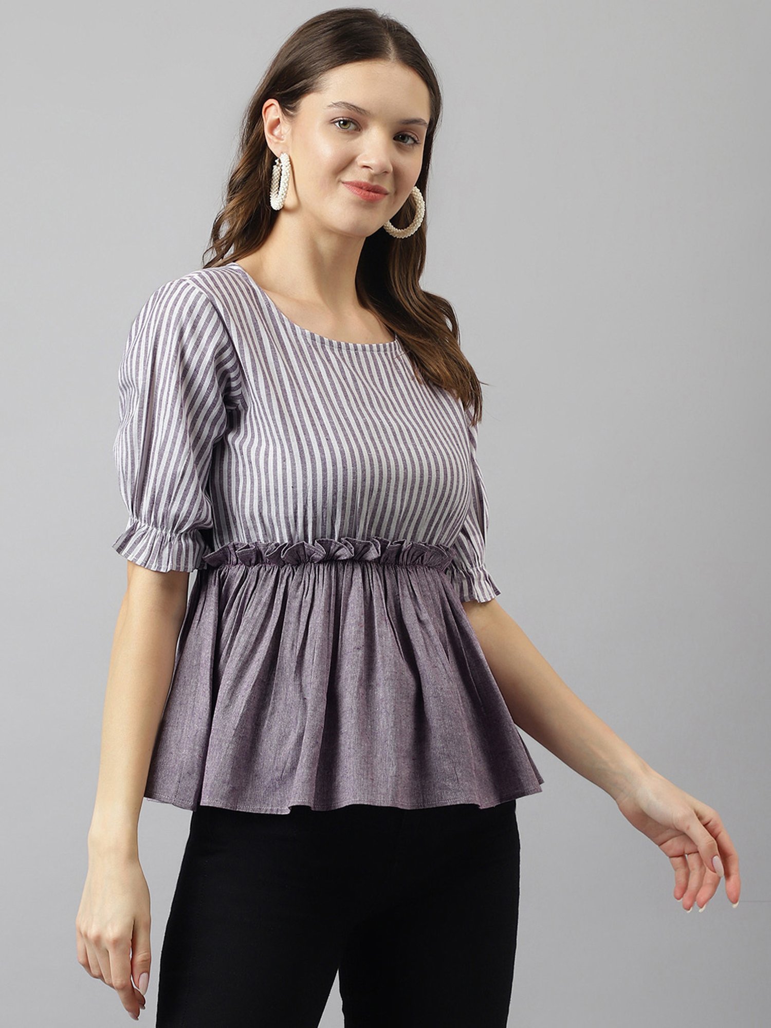 KERI PERRY Purple & White Cotton Striped Top