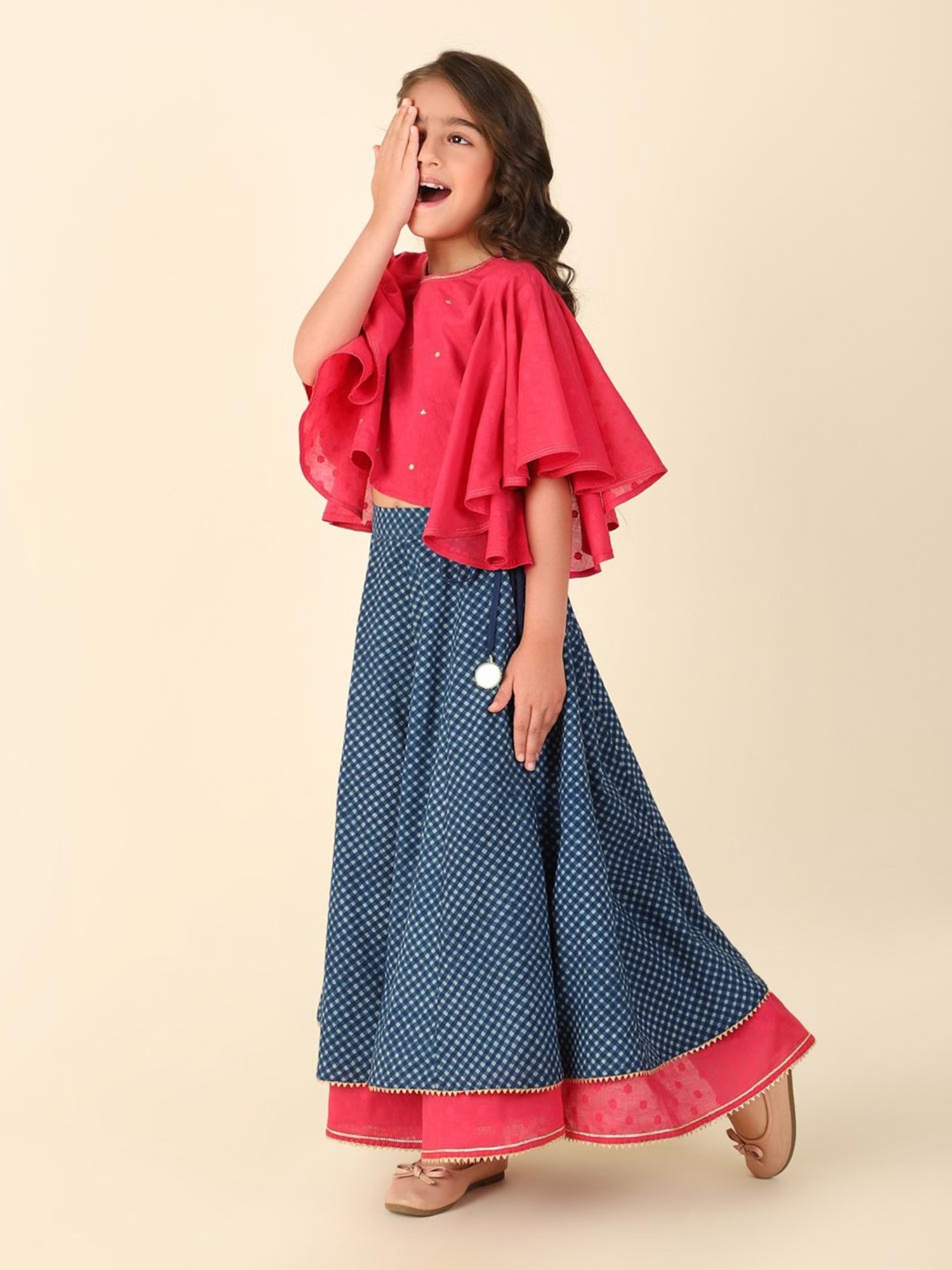 Fabindia Kids Pink & Blue Printed Lehenga With Choli