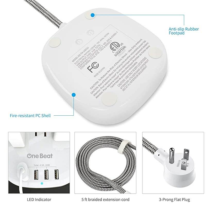 Strip 2 Pack, Desktop Charging Station with 3 Outlet 4 USB Ports 4.5A, Flat Plug, 5 ft Long Braided Extension Cord for Cruise Ship Travel Home Office, ETL Listed, White