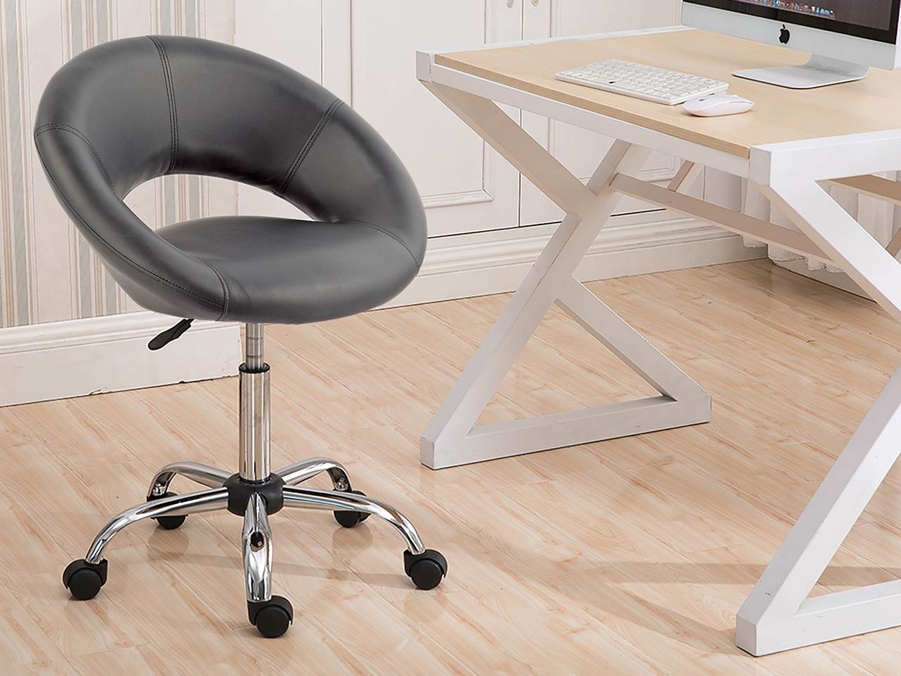 Swivel Height Adjustable Office Chair PU Leather Task Chairs Stool with Wheels