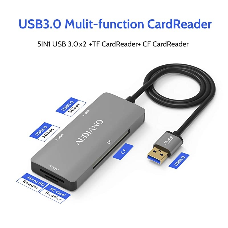 SD Card Reader,  USB 3.0 Card Reader for Micro SD/SDXC/CF/SD/SDHC/MS/XD/T-Flash/MMC Camera Memory Card, 5 in 1 USB 3.0 Hub with Flash Memory Card Reader and 2 USB 3.0 Ports for Mac OS,Windows