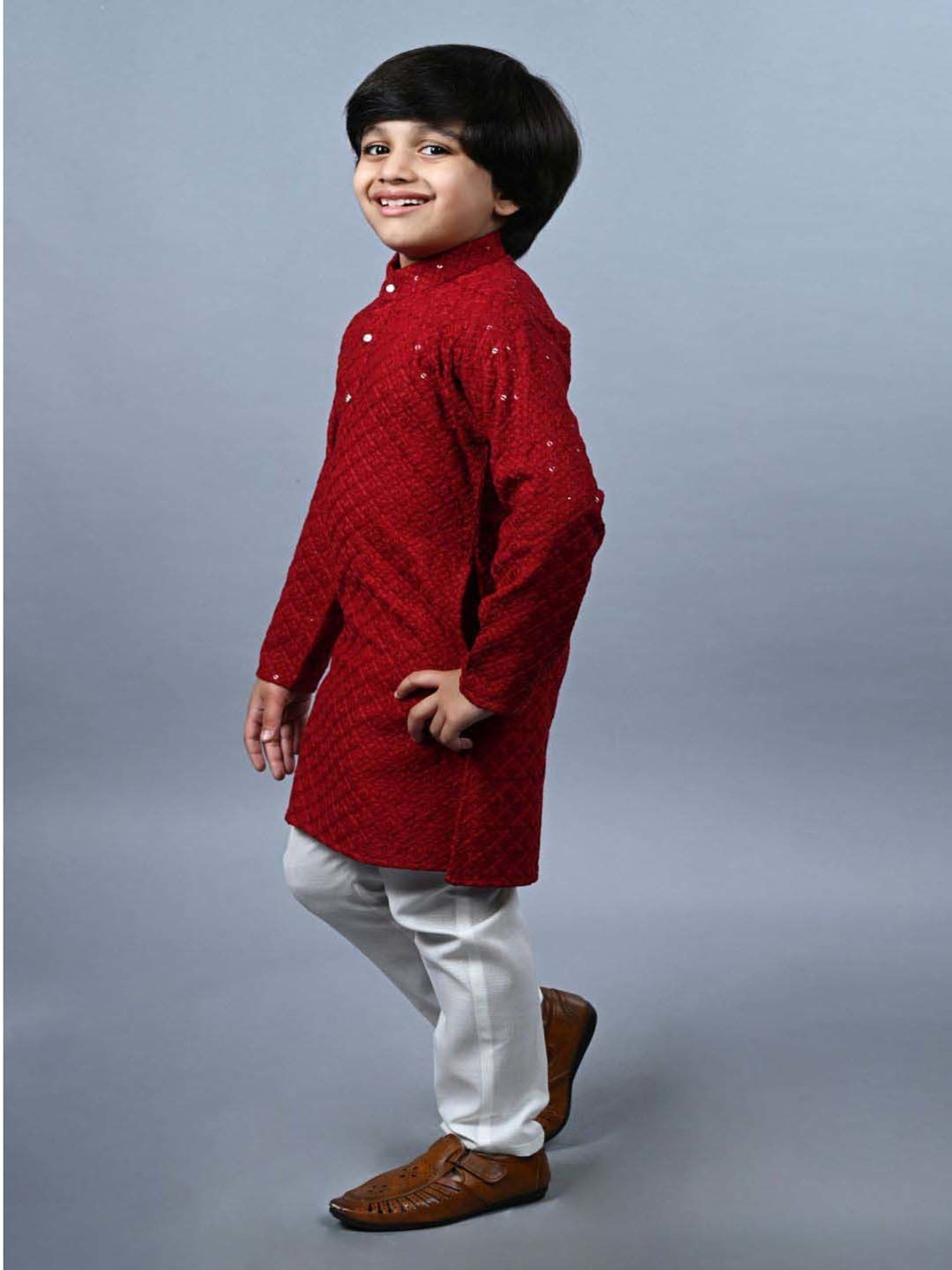 Ahhaaaa Kids Red & White Cotton Embroidered Full Sleeves Kurta Set