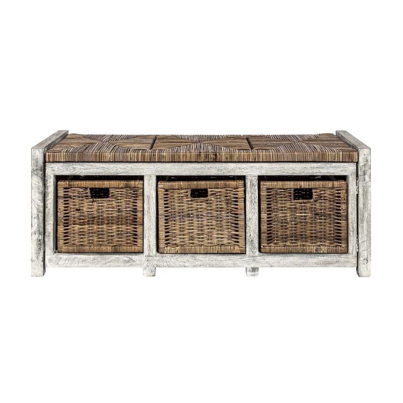 happimess Rustic 43.3" 3 Drawer Wicker Storage Bench, Gray 