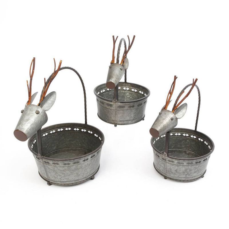 3ct Nesting Galvanized Deer Containers with Handles Decorative Figurine Set - Gerson International