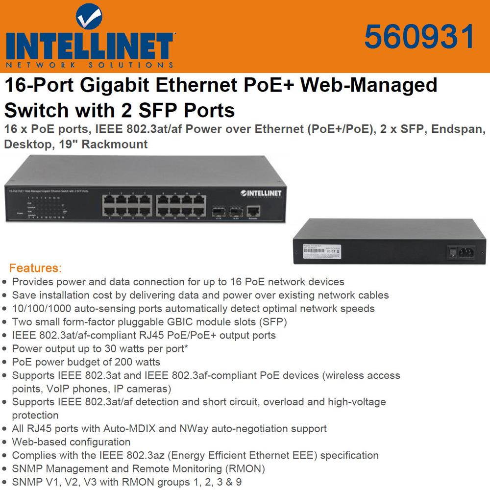 Intellinet 16-Port PoE+ Web-Managed Gigabit Ethernet Switch with 2 SFP Ports