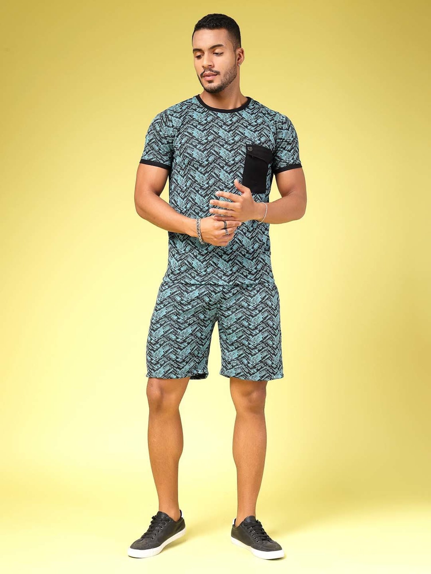 Rigo Teal Slim Fit Printed T-Shirt & Shorts Set