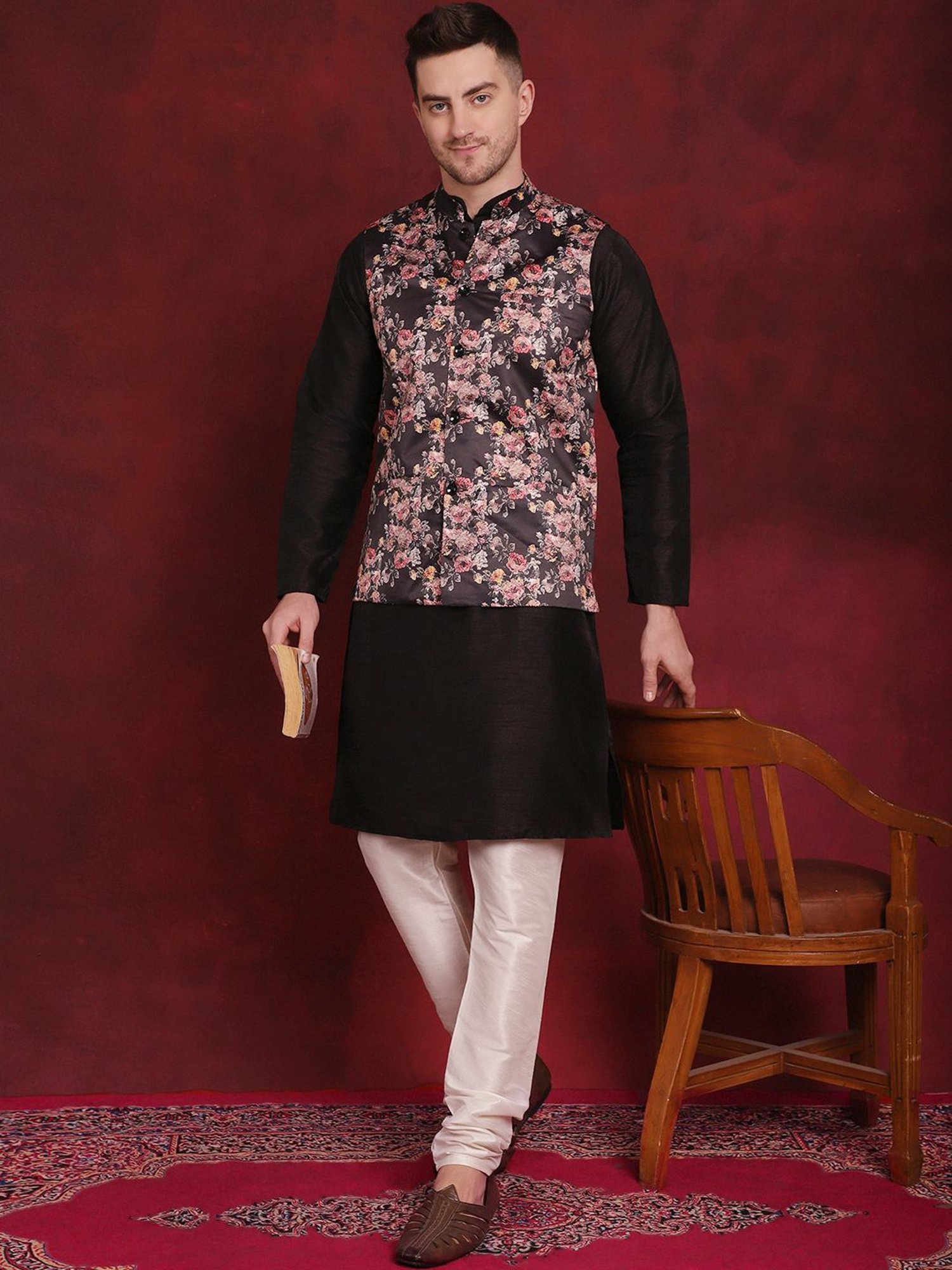 Jompers Black Regular Fit Printed Nehru Jacket