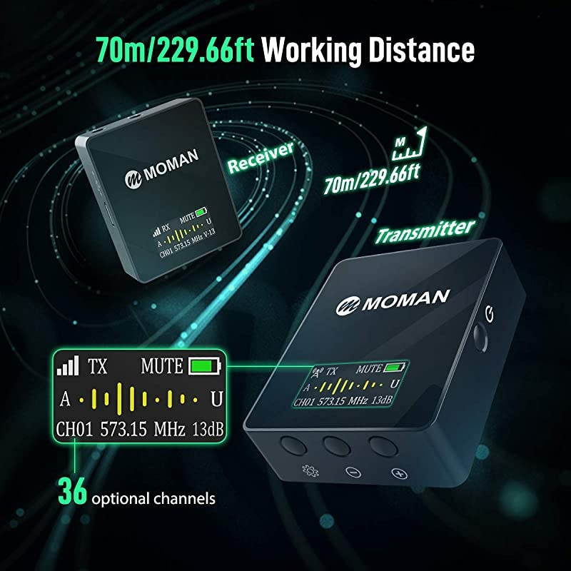 Connects C1 Professional-Wireless-Lavalier-Microphone-System 36 Channels UHF 1 Transmitter with 1 Receiver 70m/229.66ft OLED Screen for DSLR/Mirrorless Camera/Smartphone/Camcorder/Audio Recorder