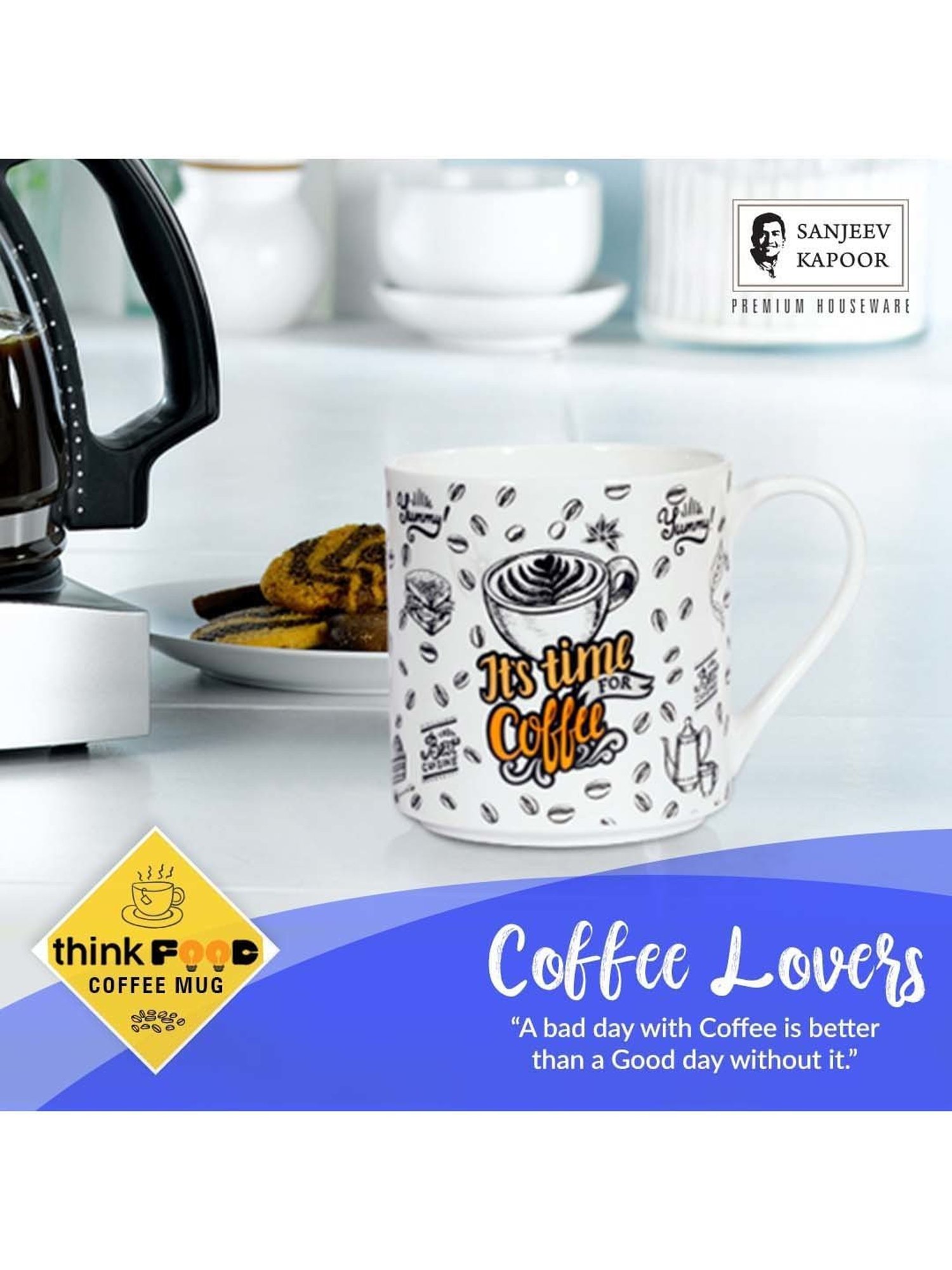 Clay Craft Think Food White Ceramic Coffee Mug (0.35 L) - Set of 1