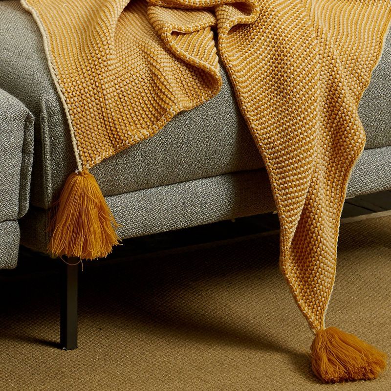 50"x60" Throw Blanket with Pom-Poms Ochre - Patina Vie